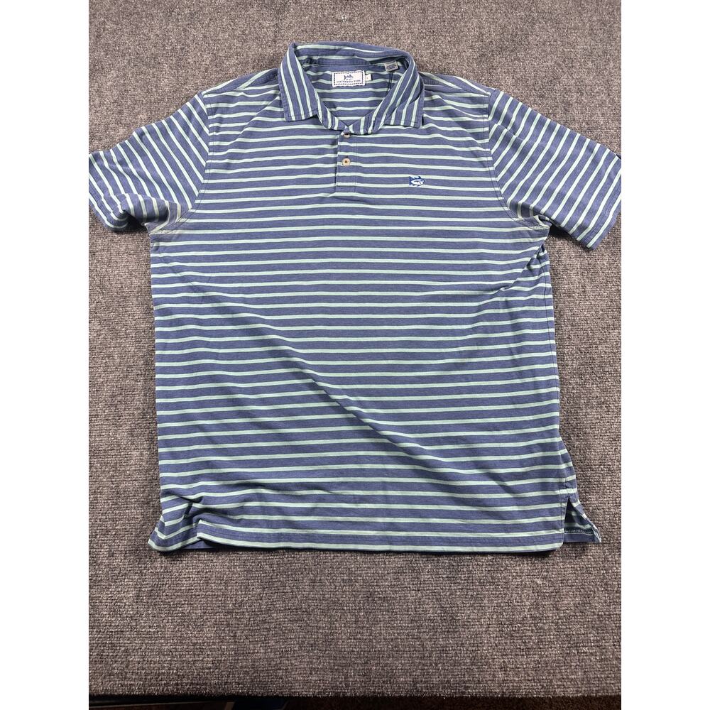 Southern Tide Skipjack Polo Mens Large Blue Green Stripe Pima Cotton Stretch - Picture 2 of 7